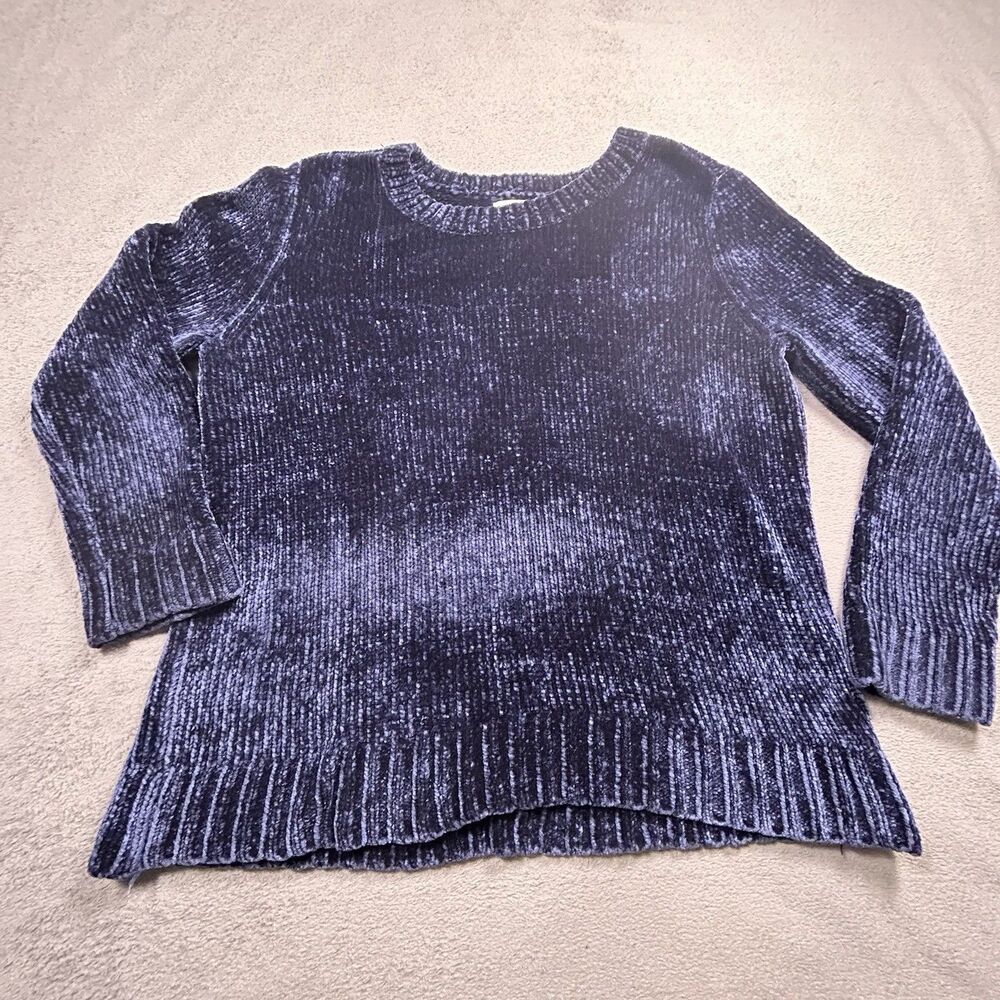 Orvis Chenille Knit Sweater Womens XL Navy Blue Plush Velvet Pullover Cozy Warm